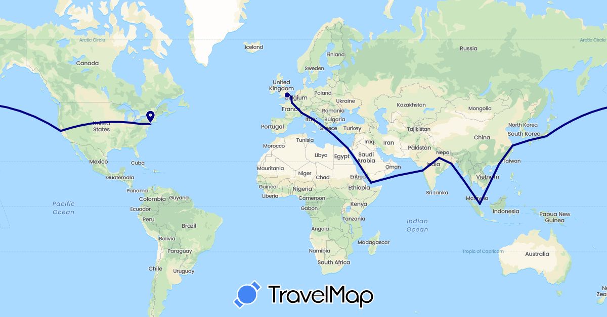 TravelMap itinerary: driving in China, Egypt, France, United Kingdom, India, Italy, Japan, Malaysia, United States, Yemen (Africa, Asia, Europe, North America)